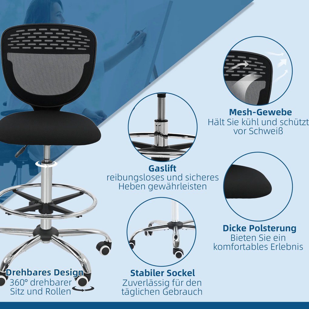 HOMCOM Καρέκλα Γραφείου, Καρέκλα Εργασίας, Καρέκλα Γραφείου, Ρυθμιζόμενο Ύψος, Επενδεδυμένη, Μαύρο