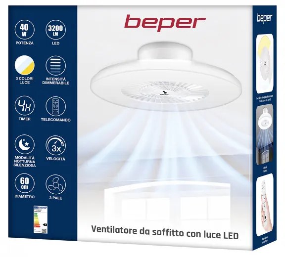 Ανεμιστήρας οροφής 2 σε 1 Beper P206VEN650, Λάμπα LED, 40W, 3 ταχύτητες, Χρονοδιακόπτης, Λευκό