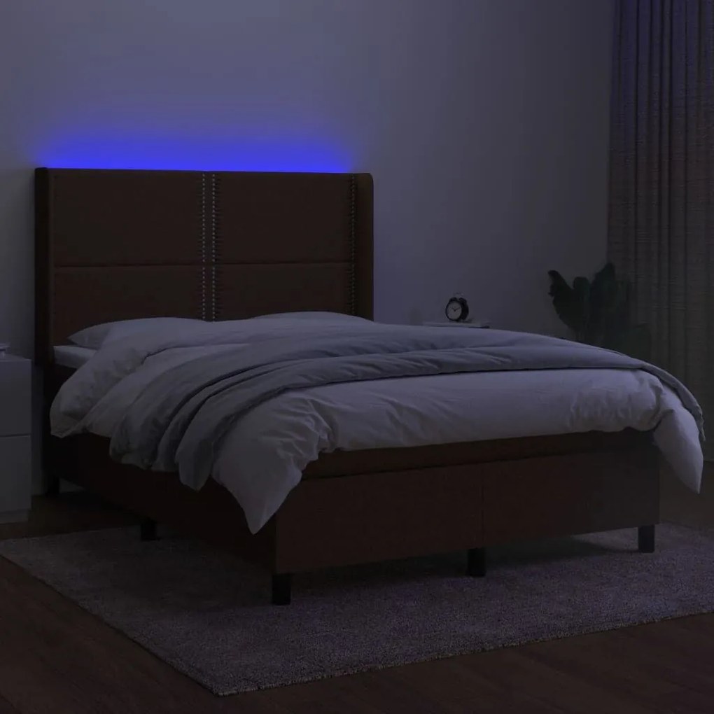 Κρεβάτι Boxspring με Στρώμα &amp; LED Σκ.Καφέ 140x190εκ. Υφασμάτινο - Καφέ