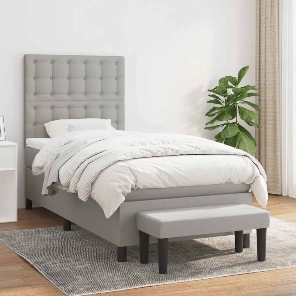 Κρεβάτι Boxspring με Στρώμα Ανοιχτό Γκρι 90x190 εκ. Υφασμάτινο