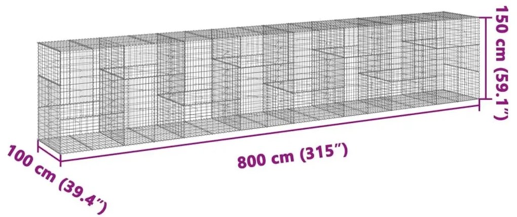 Συρματοκιβώτιο με Κάλυμμα 800x100x150εκ από Γαλβανισμένο Χάλυβα - Ασήμι