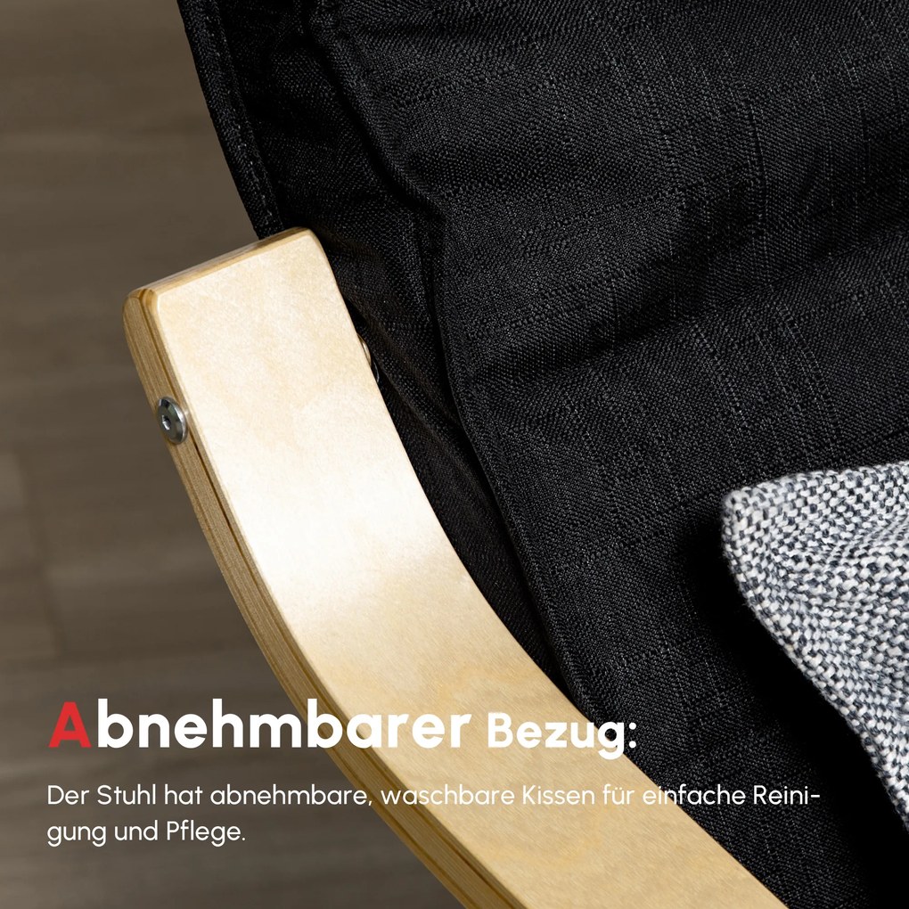 HOMCOM Πολυθρόνα Relax, Ξαπλώστρα, Ρυθμιζόμενο Υποπόδιο, Μαξιλάρι, Ξύλο+Μαύρο, 66,5 x 94 x 100cm