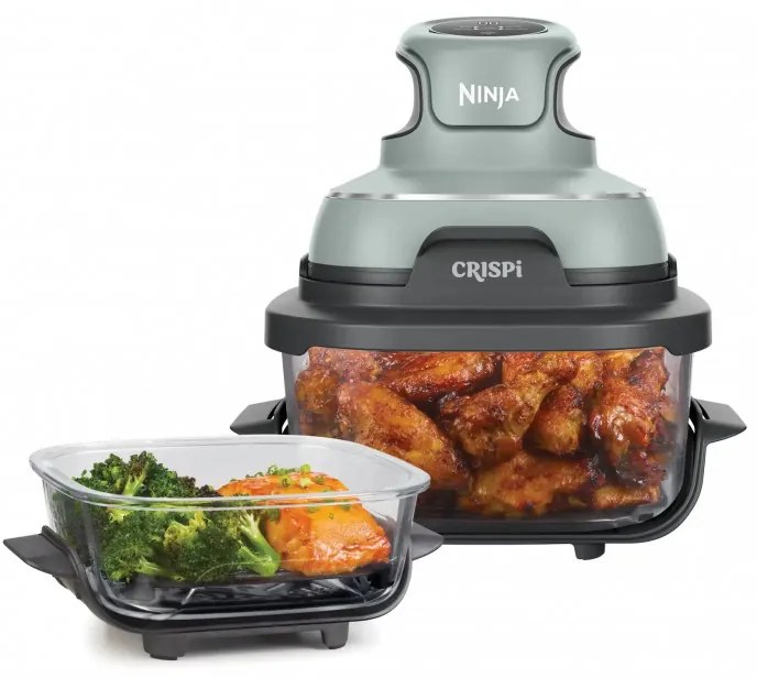 Φριτέζα ζεστού αέρα φορητός 4σε1 Ninja CRISPi FN101EUSG, 1700W, 3.8l, 6 μερίδες, 2 γυάλινα δοχεία, 4 προγράμματα, χωρίς PFAS και BPA, Πράσινο