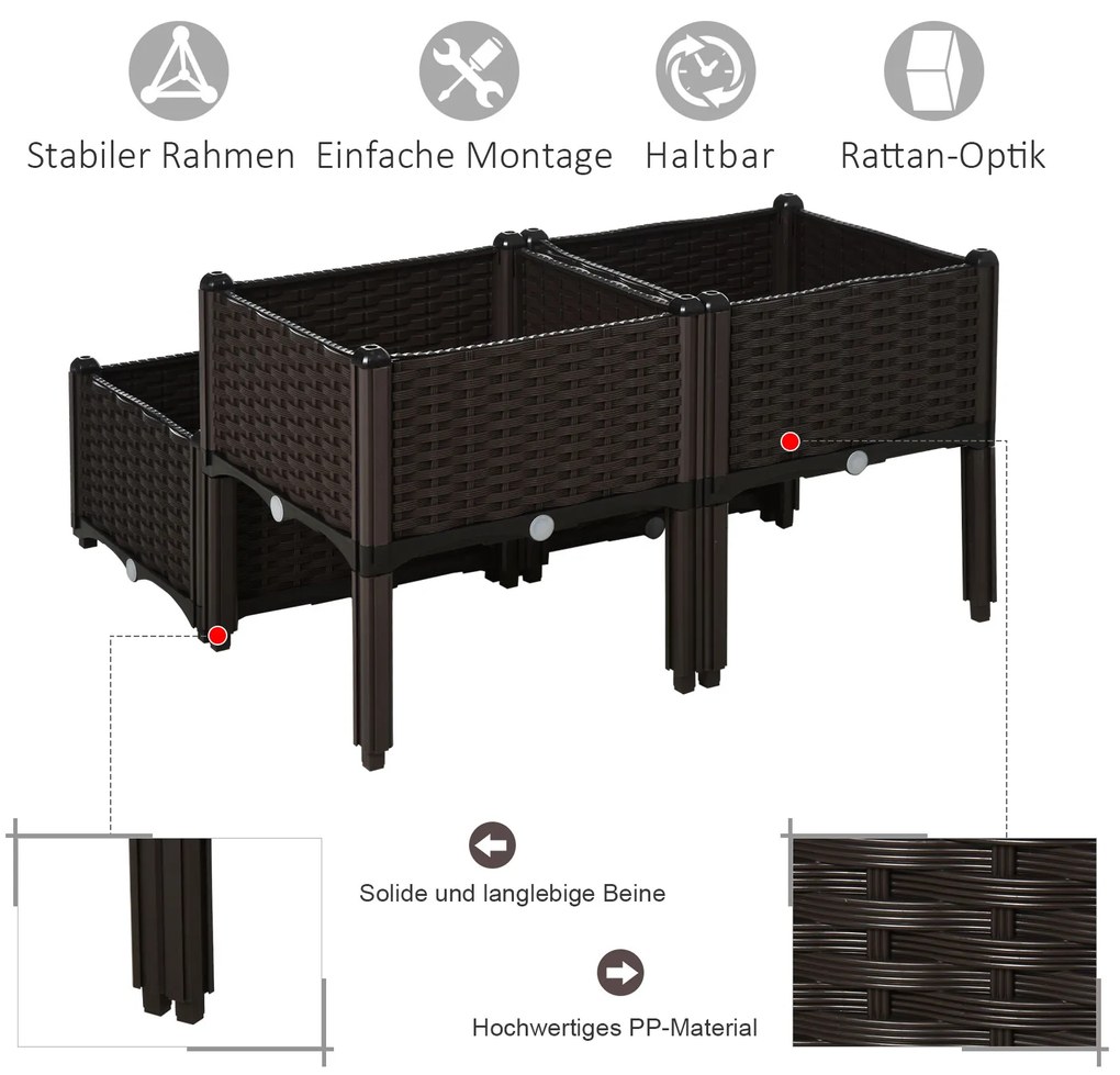 Outsunny Υπερυψωμένο παρτέρι, γλάστρα με τρύπες αποστράγγισης, γλάστρα σε εμφάνιση rattan, πλαστικό, καφέ, 40 x 40 x 44 cm