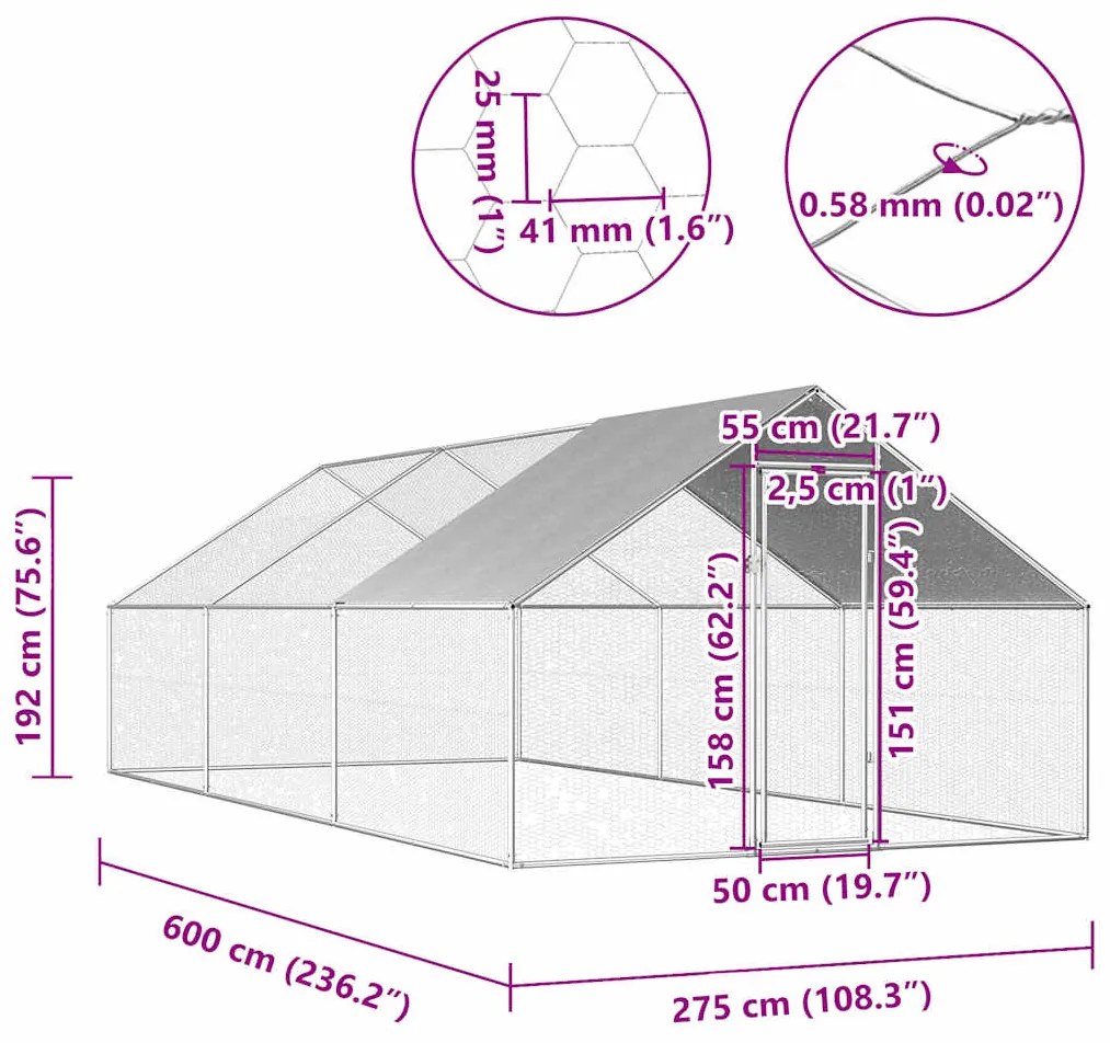 vidaXL Κοτέτσι - Κλουβί Εξωτ.Χώρου 2,75x6x1,92 μ. από Γαλβανισμένο Χάλυβα