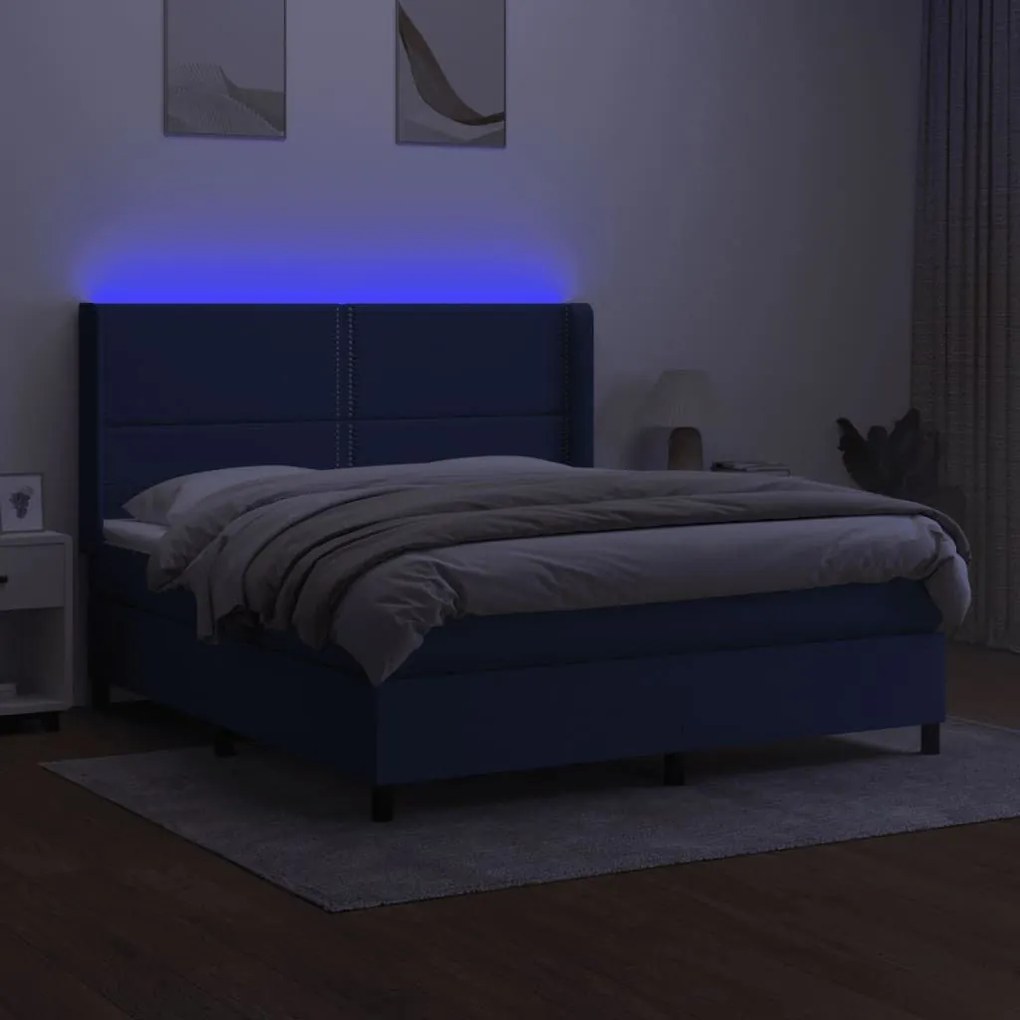 Κρεβάτι Boxspring με Στρώμα &amp; LED Μπλε 160x200 εκ. Υφασμάτινο - Μπλε