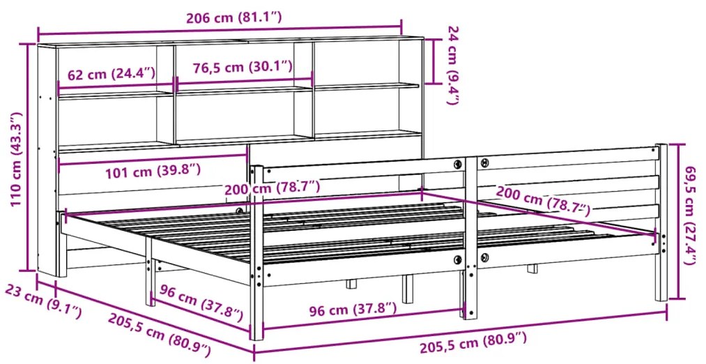 Κρεβάτι Βιβλιοθήκη Χωρίς Στρώμα 200x200 εκ Μασίφ Ξύλο Πεύκου - Καφέ