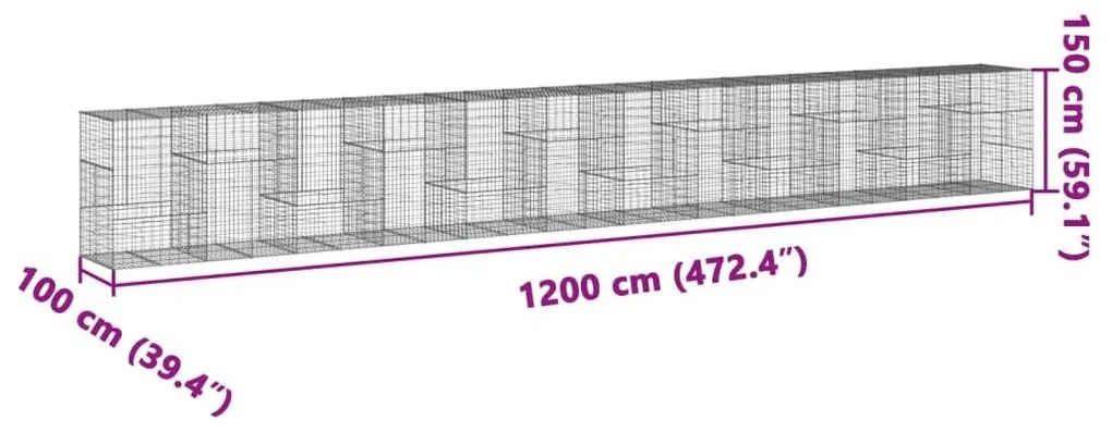 Συρματοκιβώτιο με Κάλυμμα 1200x100x150 εκ. Γαλβανισμένο Χάλυβα - Ασήμι