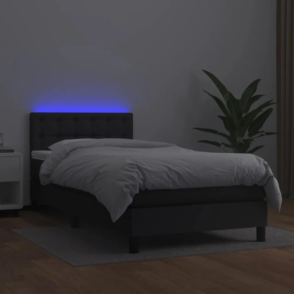 Κρεβάτι Boxspring με Στρώμα &amp; LED Μαύρο 90x200 εκ. Συνθ. Δέρμα - Μαύρο