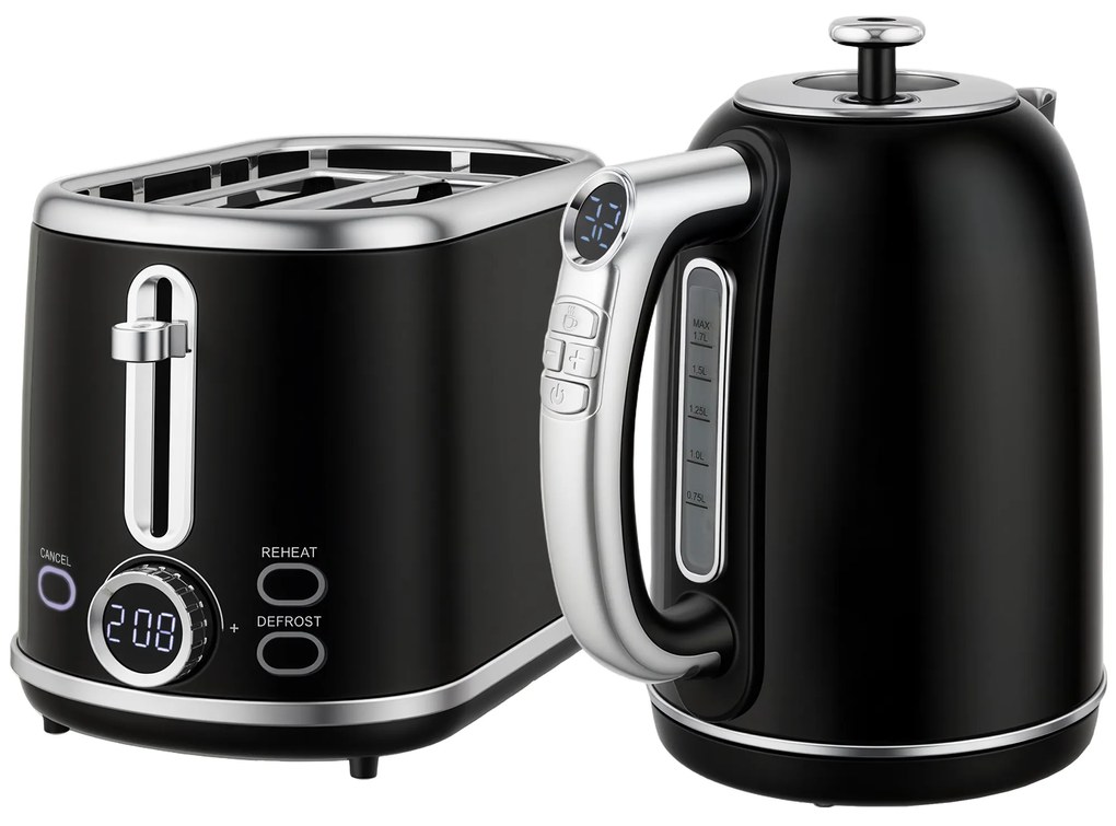 Σετ βραστήρα και τοστιέρας HOMCOM, Ένδειξη LED, 1,7 λίτρα, 2200W, Ρετρό σχεδιασμός, Λειτουργία μνήμης, Μαύρο