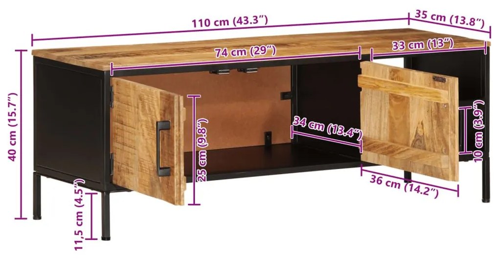 Έπιπλο Τηλεόρασης 110x35x40 εκ. Ακατέργαστο Μασίφ Ξύλο Μάνγκο - Καφέ