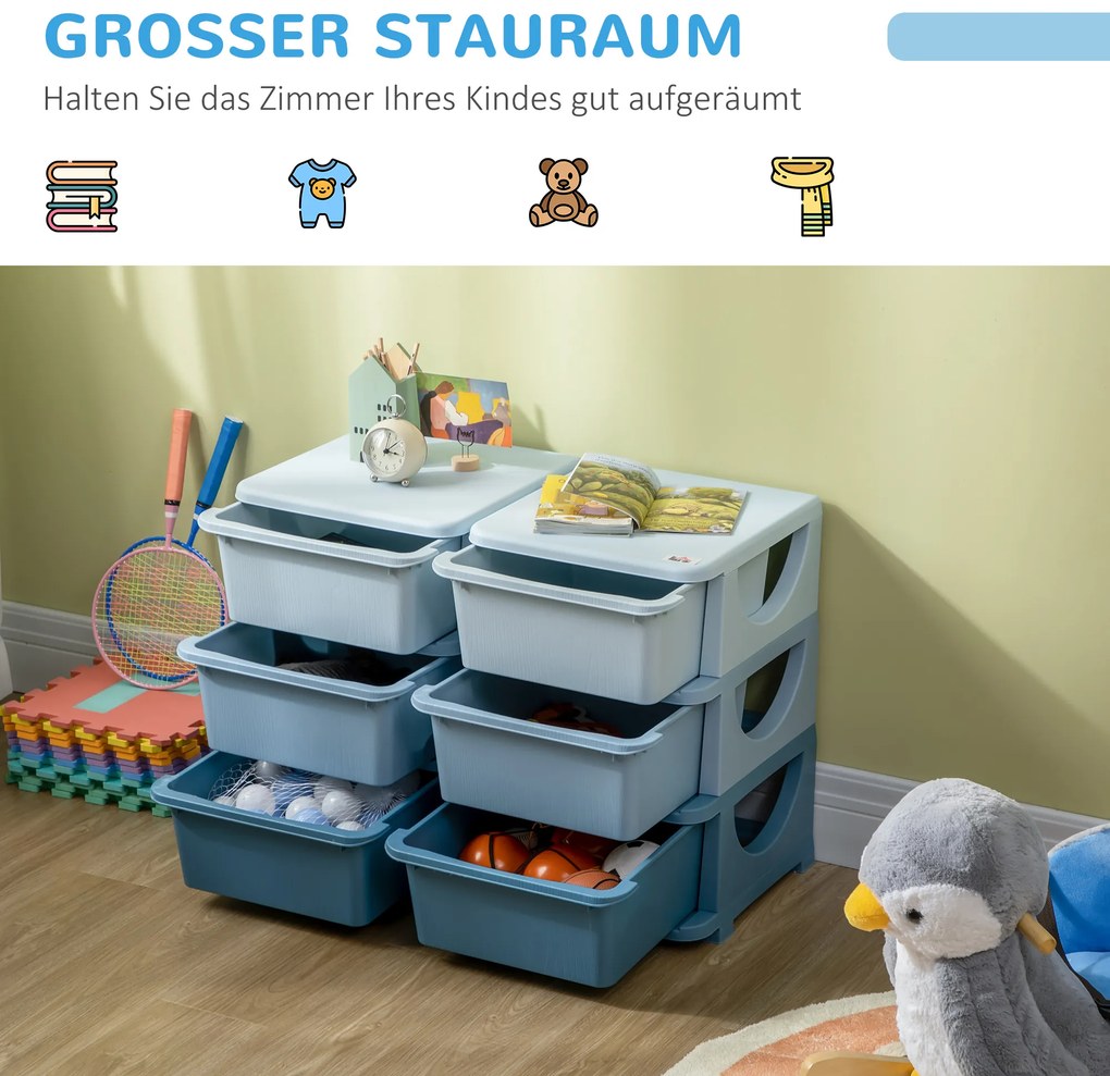 HOMCOM Κουτί αποθήκευσης για παιδιά, κουτί αποθήκευσης για παιδιά, 3 συρτάρια, μπλε