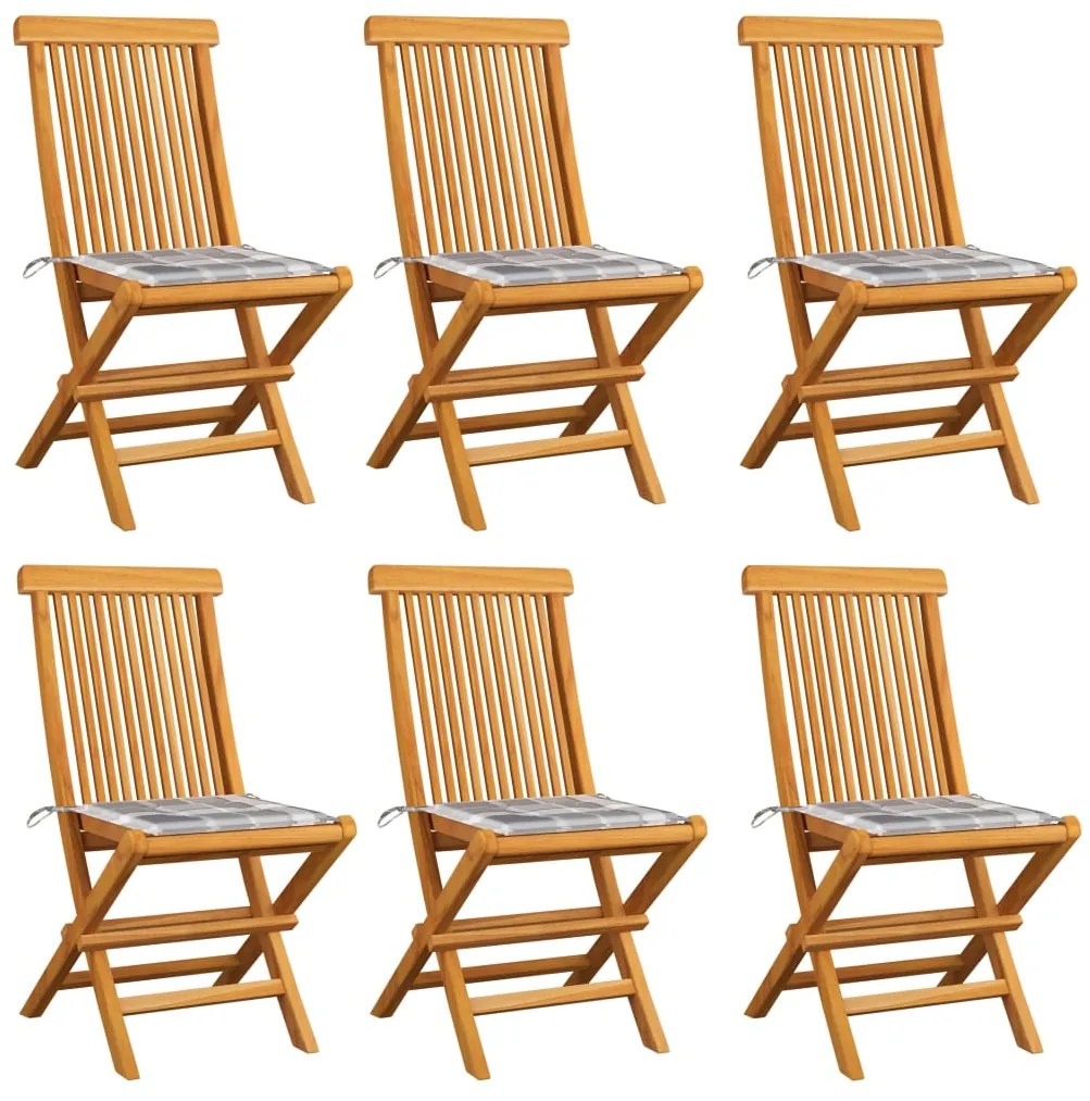 Καρέκλες Κήπου 6 τεμ. Μασίφ Ξύλο Teak με Γκρι Καρό Μαξιλάρια