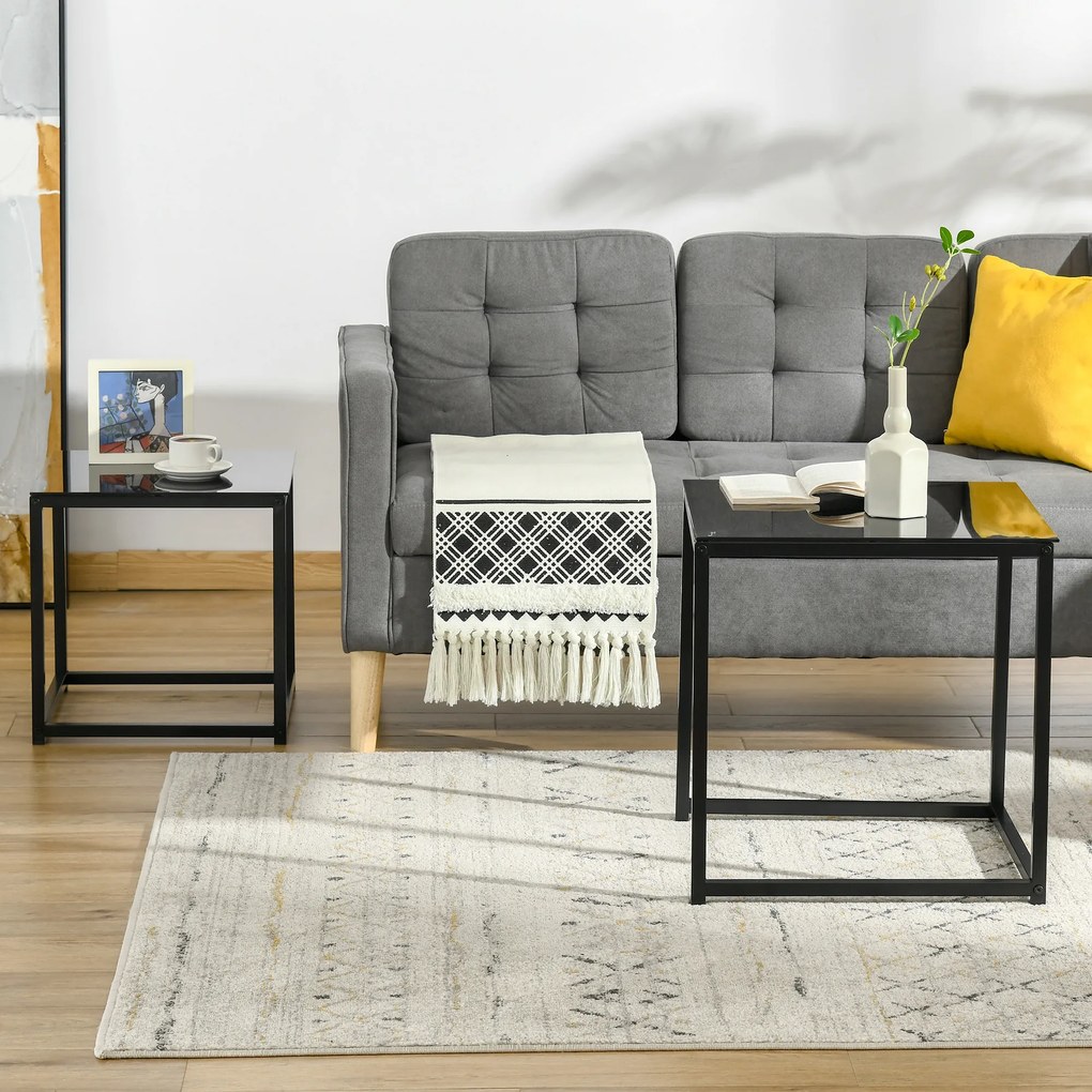 HOMCOM Σετ 2 τραπεζιών βοηθητικών, μοντέρνο σχέδιο, στοιβαζόμενα, γυάλινο τραπέζι, Μαύρο