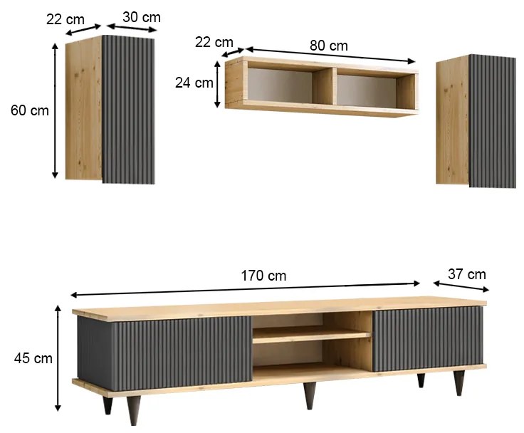 Σύνθεση τηλεόρασης Tokyo Megapap χρώμα sapphire oak - ανθρακί 170x37x45εκ. - GP055-0020,1