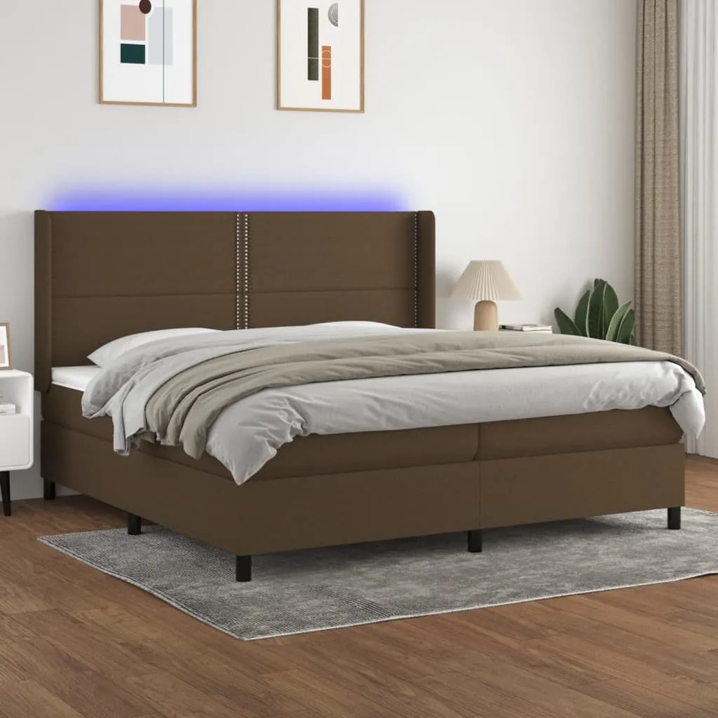 Κρεβάτι Boxspring με Στρώμα &amp; LED Σκ.Καφέ 200x200εκ. Υφασμάτινο - Καφέ