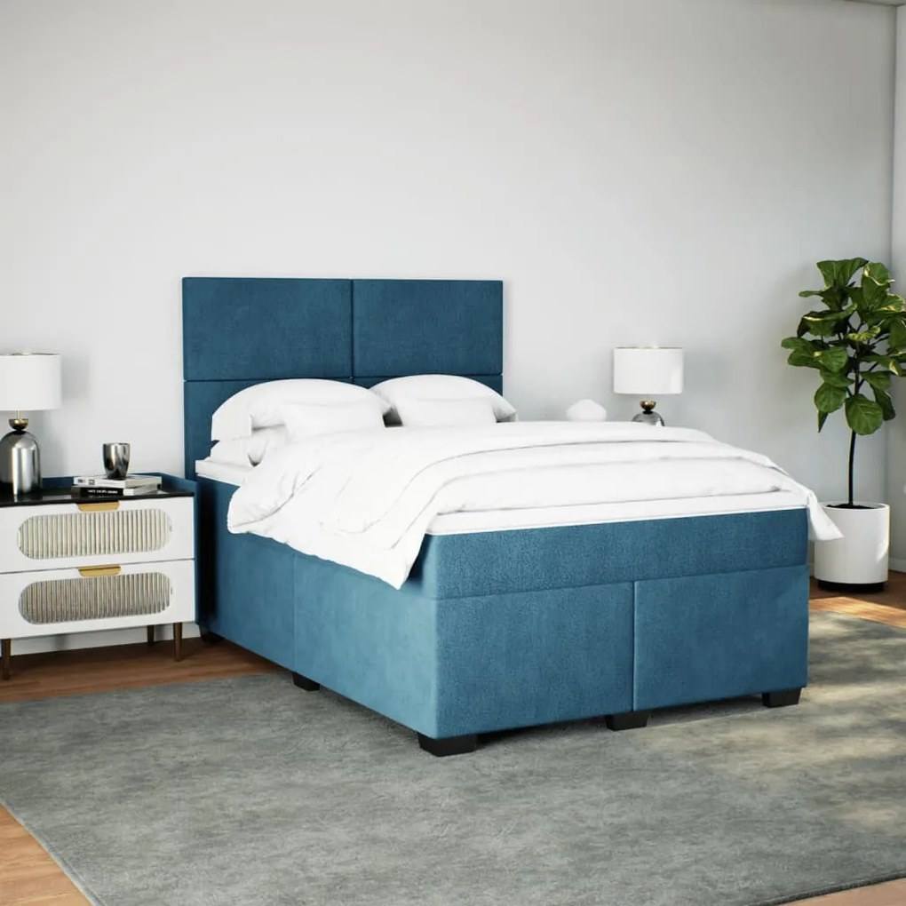 Κρεβάτι Boxspring με Στρώμα Μπλε 140x190 εκ. Βελούδινο - Μπλε