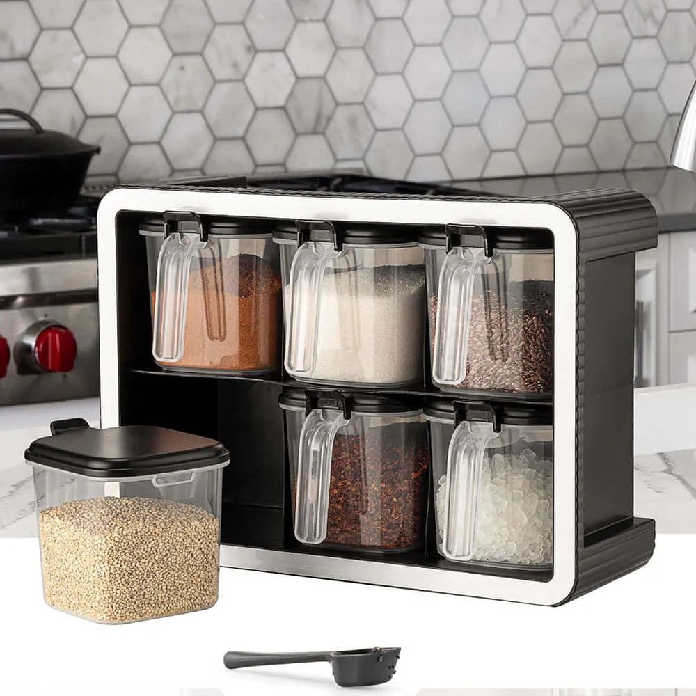 Βάση Μπαχαρικών Με Βαζάκια (Σετ 7Τμχ) 964FRM5628 32,5x12x22,5/9,5x10x9,3cm 550ml Anthracite Hermia Πλαστικό