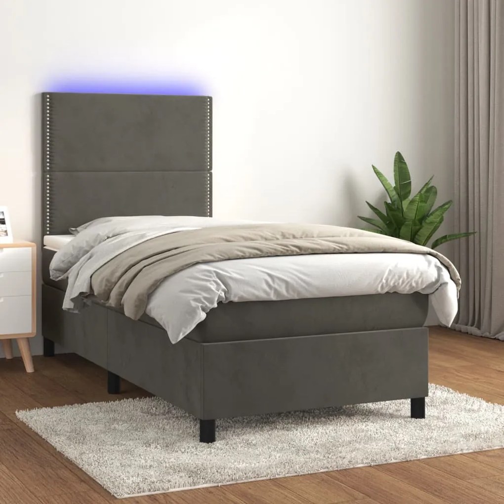 Κρεβάτι Boxspring με Στρώμα &amp; LED Σκ. Γκρι 100x200εκ. Βελούδινο