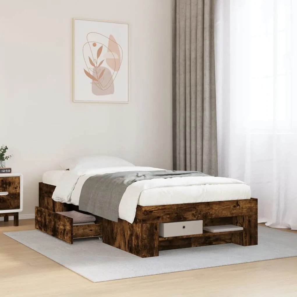 vidaXL Πλαίσιο Κρεβ. Χωρ. Στρώμα Καπνιστή Δρυς 90 x 190 εκ. Επεξ. Ξύλο
