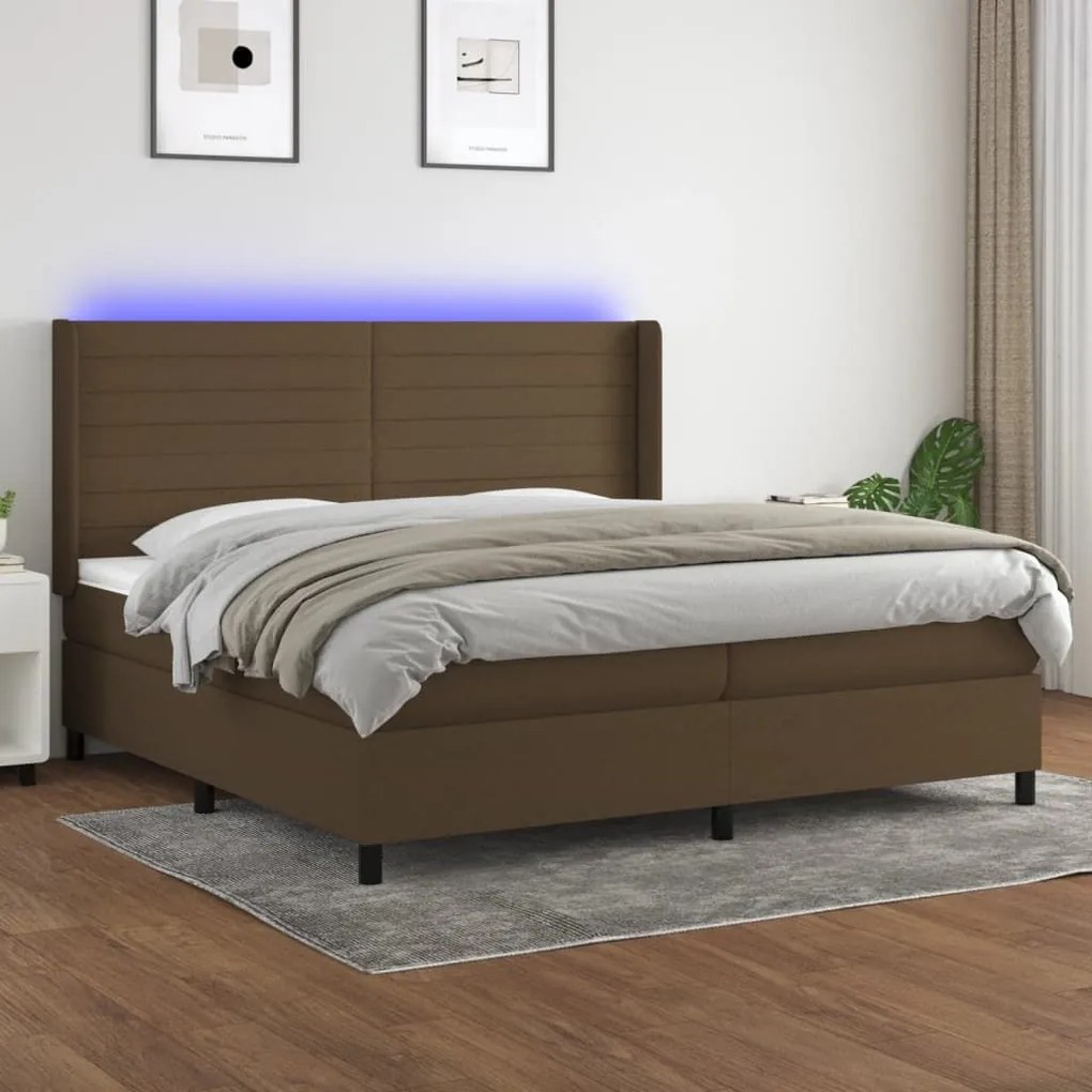 Κρεβάτι Boxspring με Στρώμα &amp; LED Σκ.Καφέ 200x200εκ. Υφασμάτινο - Καφέ