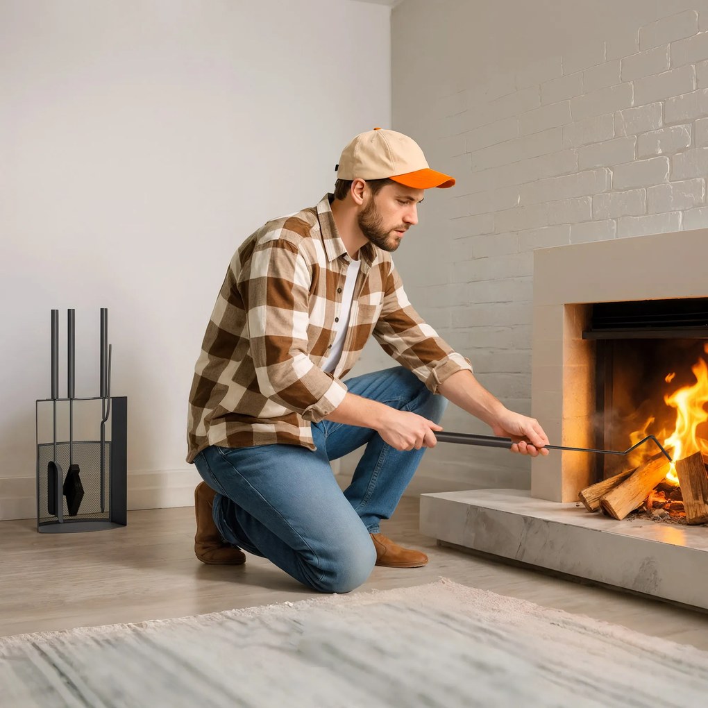 Σετ εργαλείων τζακιού Outsunny 5 τεμαχίων, αξεσουάρ τζακιού με σκούπα, φτυάρι, γάντζο, τσιμπίδα, βάση, μέταλλο, μαύρο