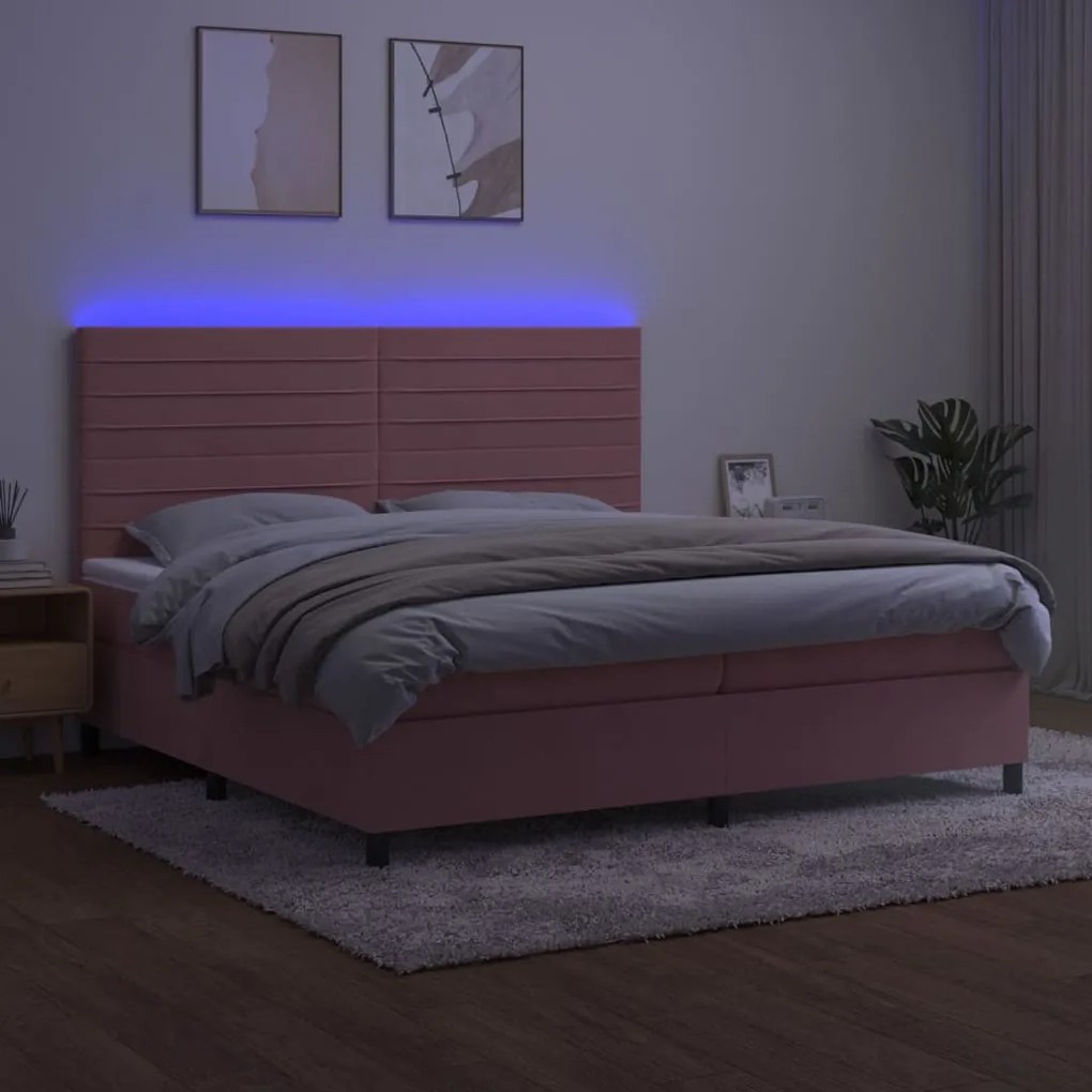 vidaXL Κρεβάτι Boxspring με Στρώμα & LED Ροζ 200x200 εκ. Βελούδινο