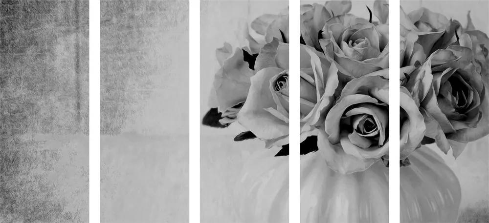 5 μέρη από εικονογραφημένα τριαντάφυλλα σε βάζο σε ασπρόμαυρο - 100x50