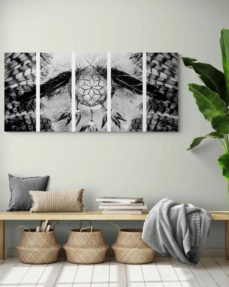 Ινδική ονειροπαγίδα εικόνας 5 τμημάτων σε ασπρόμαυρο - 100x50