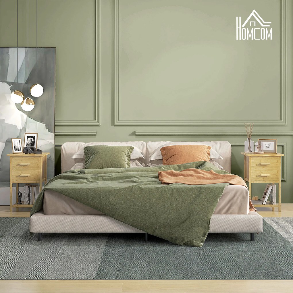 HOMCOM Κομοδίνο, Σετ 2 τεμαχίων, Σκανδιναβικό Σχέδιο, Μπαμπού, 2 Συρτάρια & Ράφι, 40x34x60cm