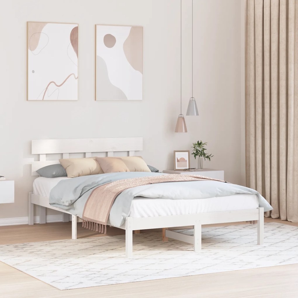 vidaXL Κρεβάτι με κεφαλάρι Λευκό 135x190 εκ Μασίφ ξύλο πεύκου