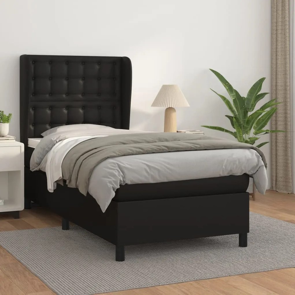 vidaXL Κρεβάτι Boxspring με Στρώμα Μαύρο 100x200εκ.από Συνθετικό Δέρμα