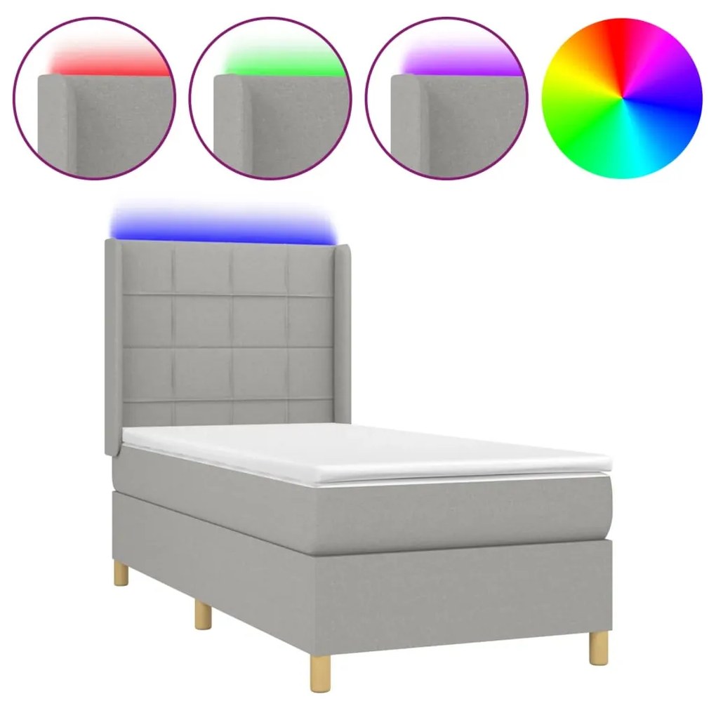 vidaXL Κρεβάτι Boxspring με Στρώμα & LED Αν.Γκρι 100x200εκ. Υφασμάτινο