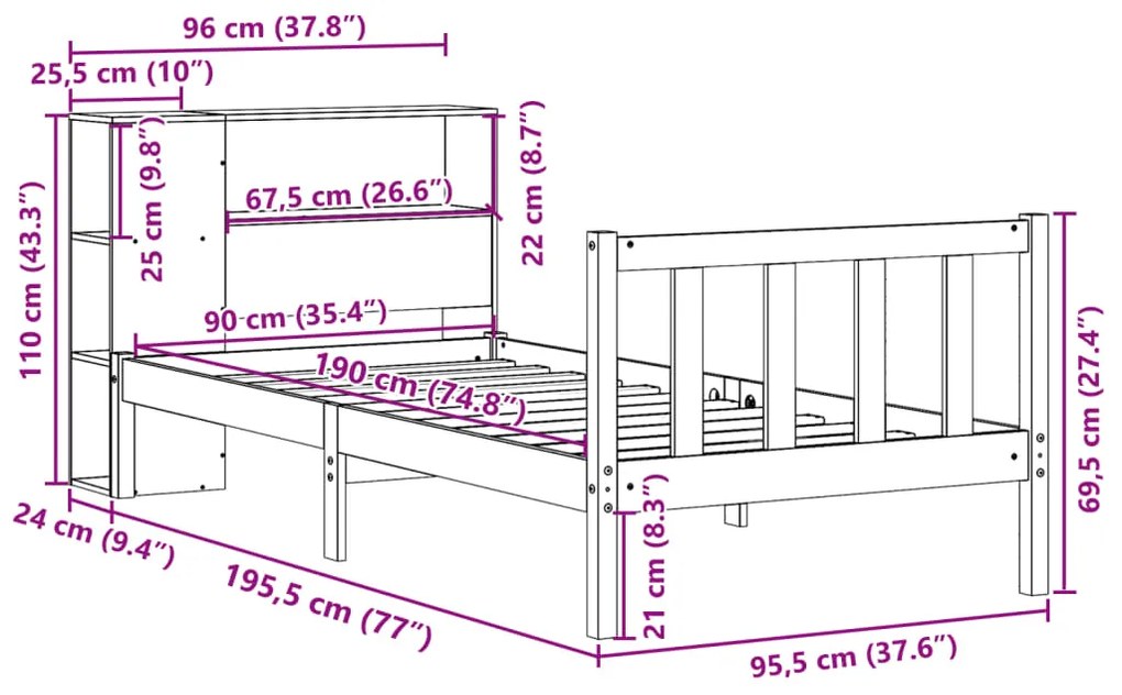 Κρεβάτι Βιβλιοθήκη Χωρίς Στρώμα 90x190 εκ Μασίφ Ξύλο Πεύκου - Καφέ