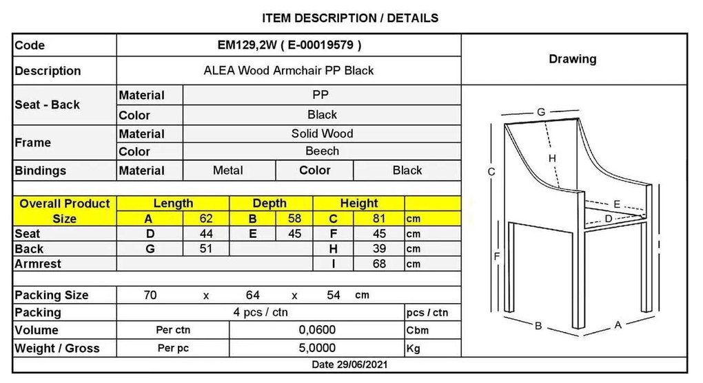 Πολυθρόνα ALEA Wood PP Μαύρο 62x58x81cm (Σετ 4 ΤΕΜ)