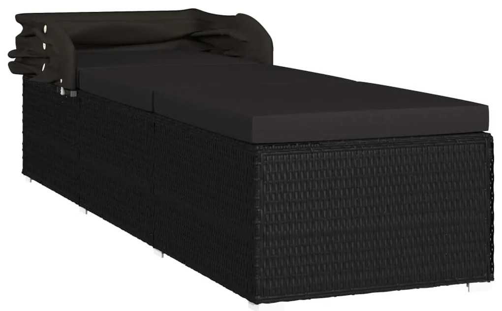 vidaXL Ξαπλώστρα Μαύρη από Συνθετικό Ρατάν με Σκίαστρο και Μαξιλάρι