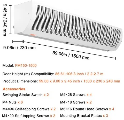 VEVOR 1.5m Commercial Indoor Air Curtain Super Power 2 Speeds 3566m³/h, UL Certified Wall Mounted Air Curtains for Doors, Indoor Over Door Fan with Heavy Duty Limit Switch, Easy-Install Unheated