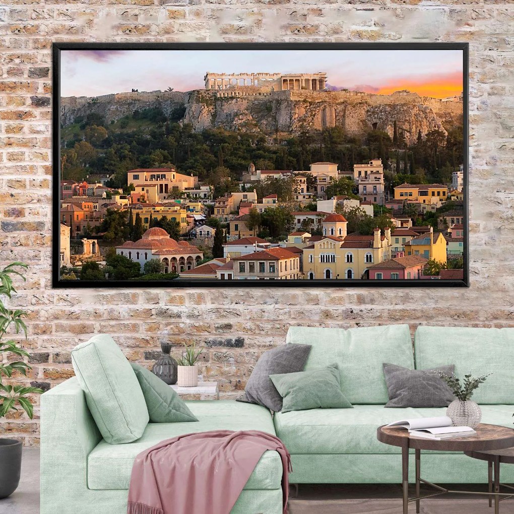 Πίνακας σε Plexiglass με Θέμα &#8220;Ακρόπολη στο ηλιοβασίλεμα&#8221; σε μαύρη ξύλινη Κορνίζα - 80cmx50cm