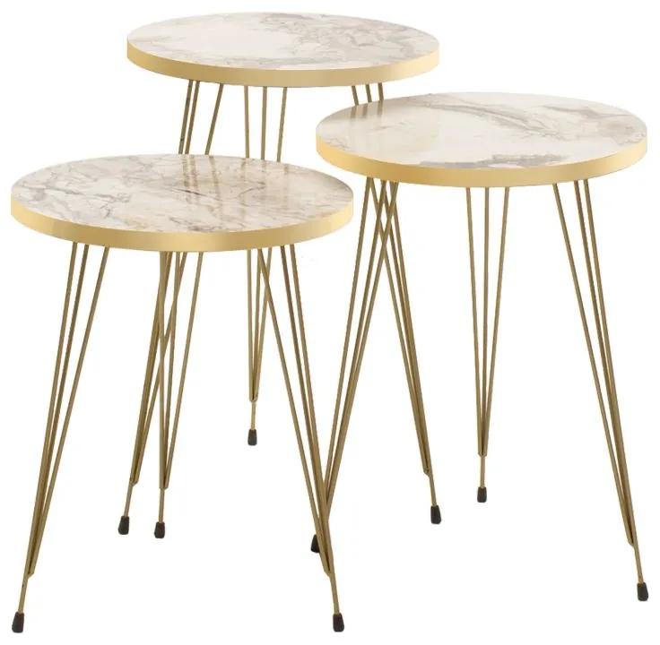 Βοηθητικά τραπέζια σαλονιού Buena pakoworld σετ 3τεμ λευκό μαρμάρου-χρυσό Model: 120-000242