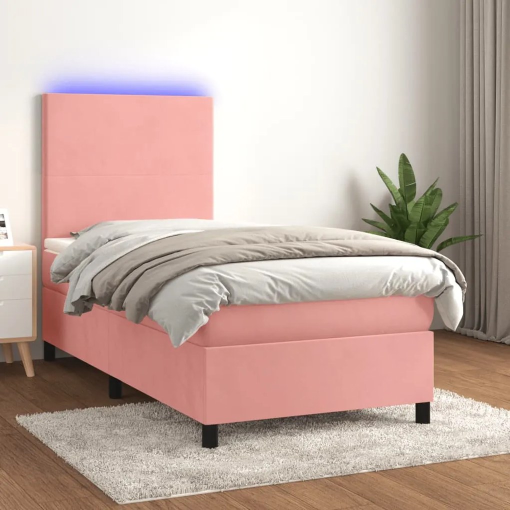 Κρεβάτι Boxspring με Στρώμα &amp; LED Ροζ 100x200 εκ. Βελούδινο - Ροζ