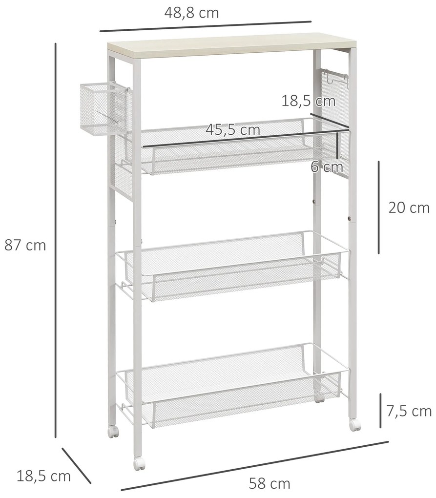 HOMCOM Καρότσι Ντουλάπι Πολλαπλών Χρήσεων, 3 Ράφια, Γάντζοι, 58 cm x 18,5 cm x 87 cm, Λευκό