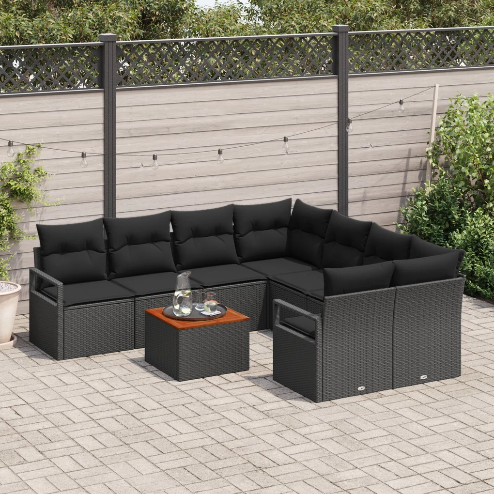 vidaXL Σετ Καναπέ Κήπου 9 pcs Μαύρο Μεσαίο Πολυαιθυλένιο, Ατσάλι, Ξύλο