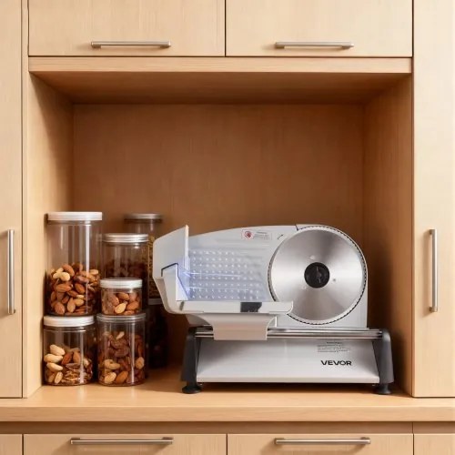 VEVOR Meat Slicer, 200W Electric Deli Slicer Machine with 190 mm Sharp Blade, Home Meat-Slicer with 70-100 RPM Slicing Speed, 0-15 mm Adjustable Thickness, for Frozen Meat, Ham, Baguett & Prime Steak