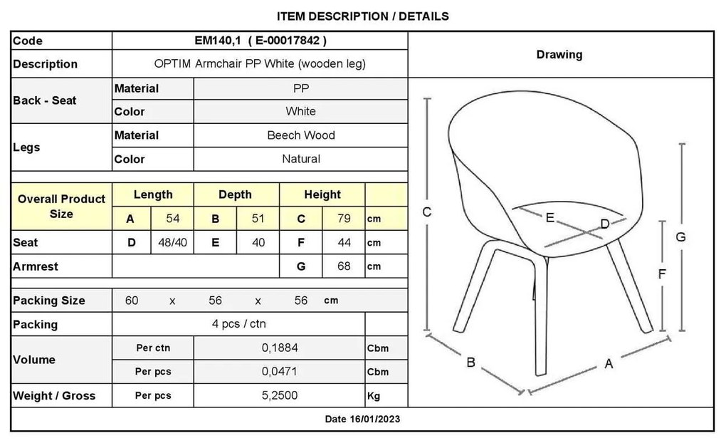Πολυθρόνα Optim PP Λευκό 54x51x79cm (Σετ 4 ΤΕΜ)