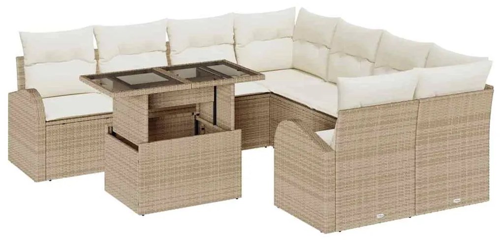vidaXL Σετ Καναπέ Κήπου με μαξιλάρι 9 pcs Μπεζ Πολυ ράταν