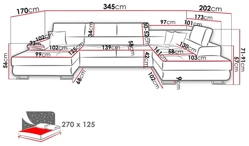 Γωνιακός Καναπές Comfivo 190, Λειτουργία ύπνου, Αποθηκευτικός χώρος, 345x202x71cm, 192 kg, Πόδια: Μέταλλο, Πλαστική ύλη | Epipla1.gr