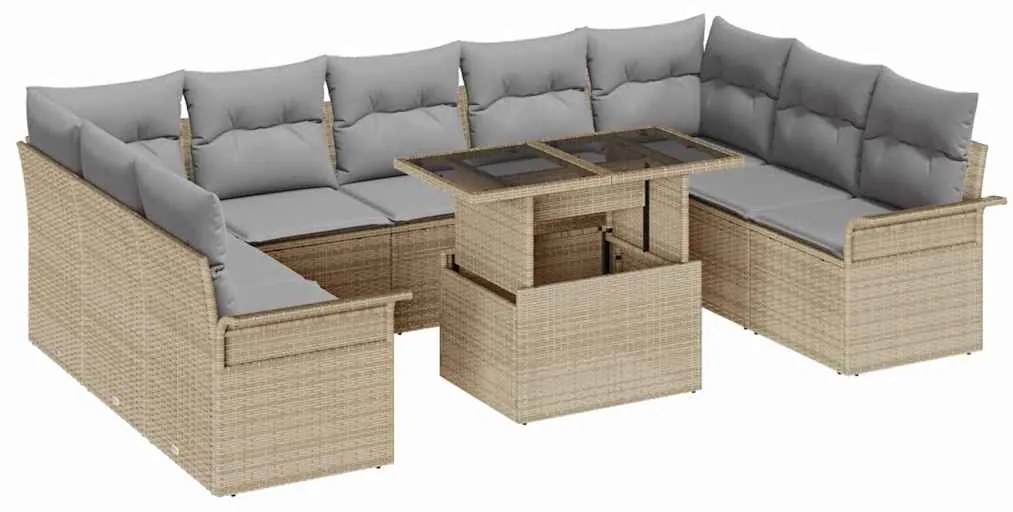 vidaXL Σετ Καναπέ Κήπου με μαξιλάρι 10 pcs Μπεζ Πολυ ράταν