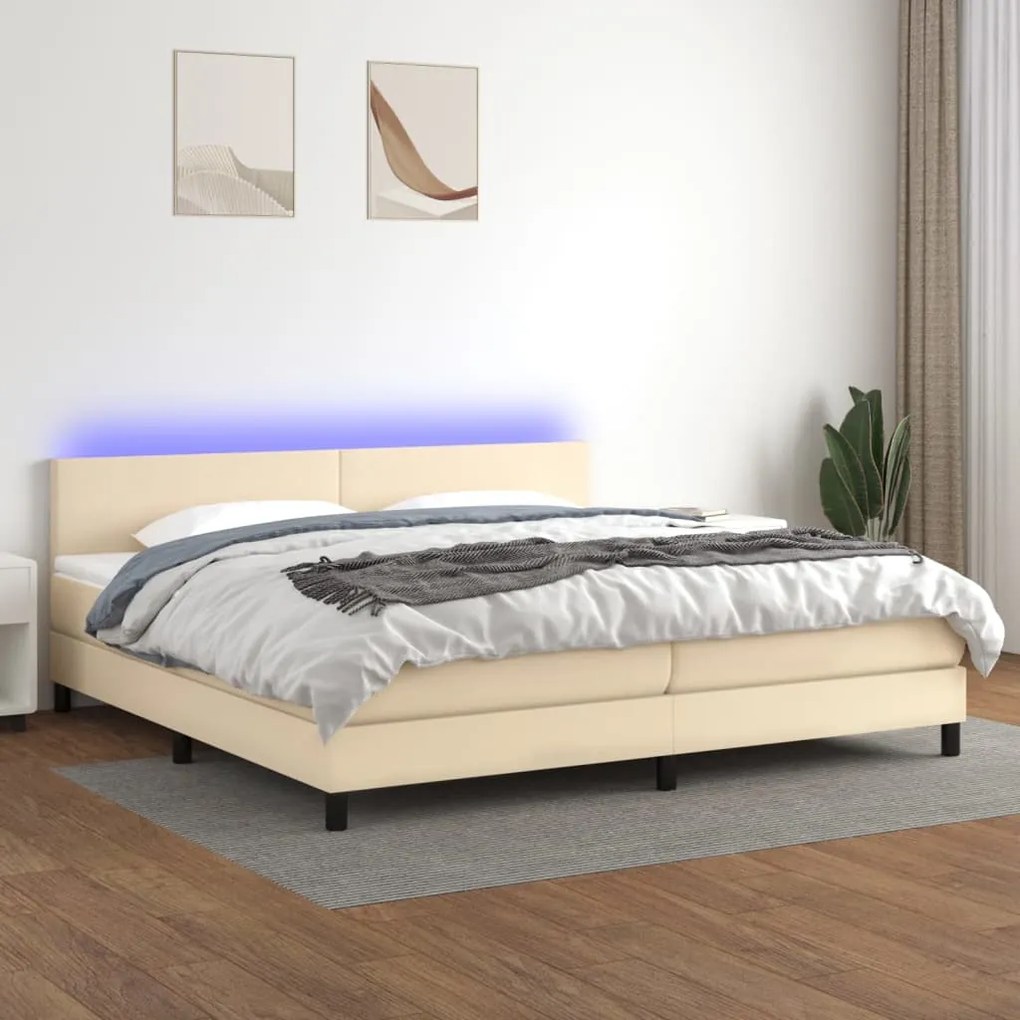 vidaXL Κρεβάτι Boxspring με Στρώμα &amp; LED Κρεμ 200x200 εκ. Υφασμάτινο