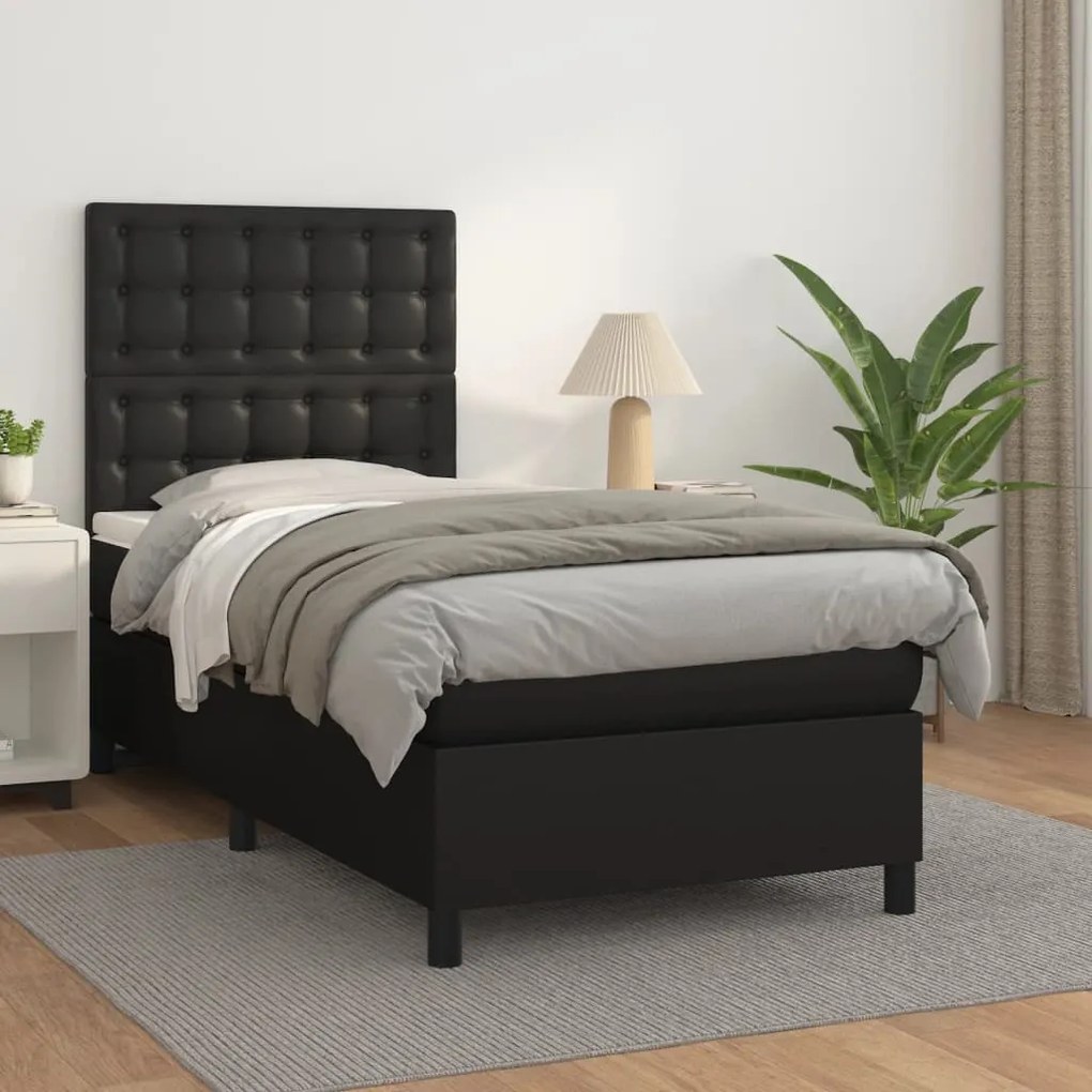 vidaXL Κρεβάτι Boxspring με Στρώμα Μαύρο 90x200εκ. από Συνθετικό Δέρμα