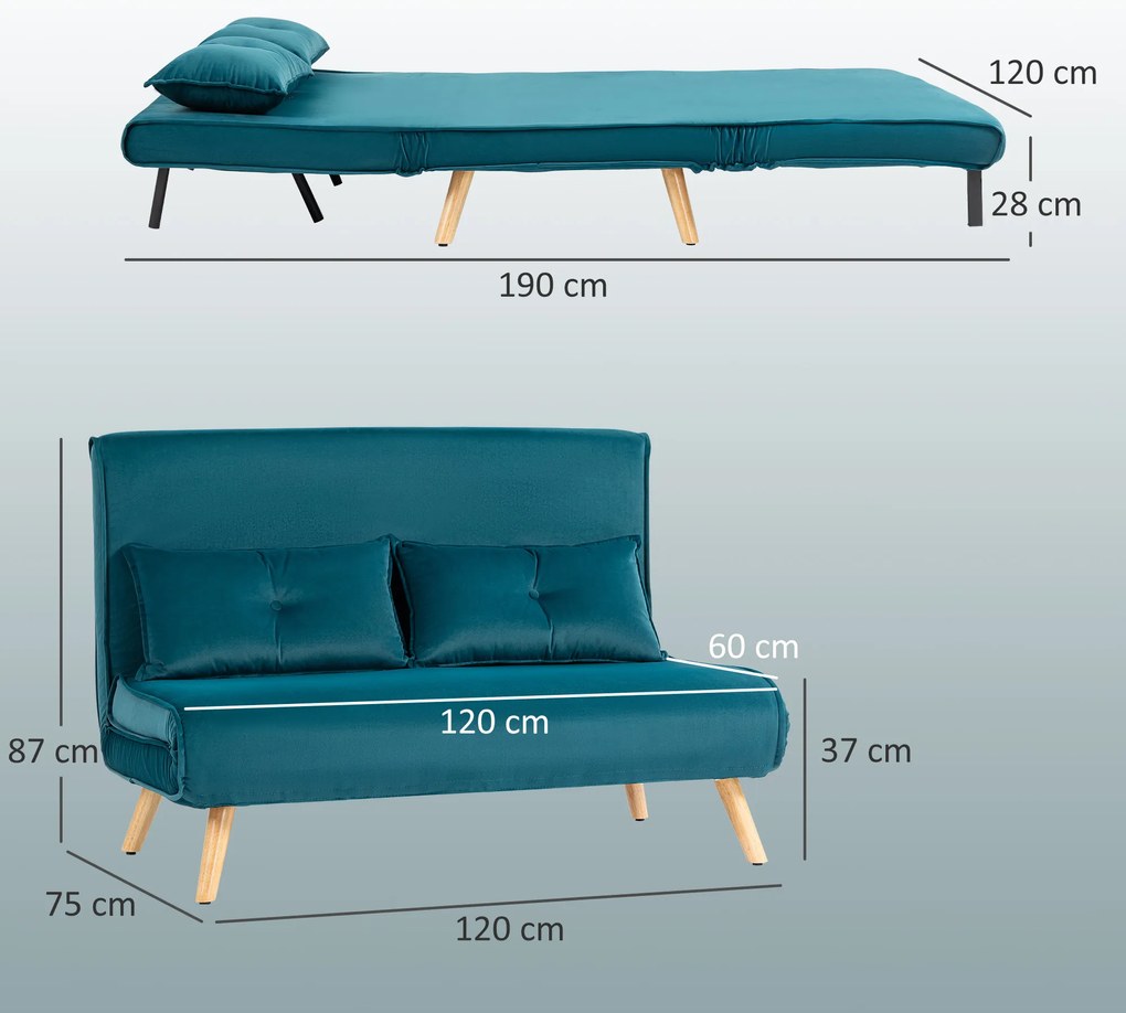 HOMCOM καναπές-κρεβάτι 2 θέσεων, μετατρέψιμος σε κρεβάτι, ρυθμιζόμενη πλάτη, υφασμάτινη επένδυση, μεταλλικό πλαίσιο, Πράσινο